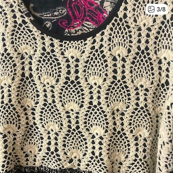 Ulla Popken (Plus 24/26) Black & Cream Crocheted Top w/Pockets & Pink Accents - Picture 9 of 9